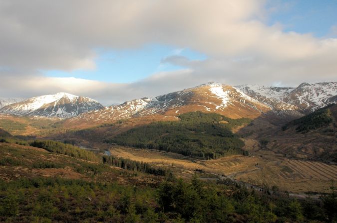 A late afternoon view taken in mid March from the Coulin Road near Achnashellach looking across the glen towards the mountains to the south and east.